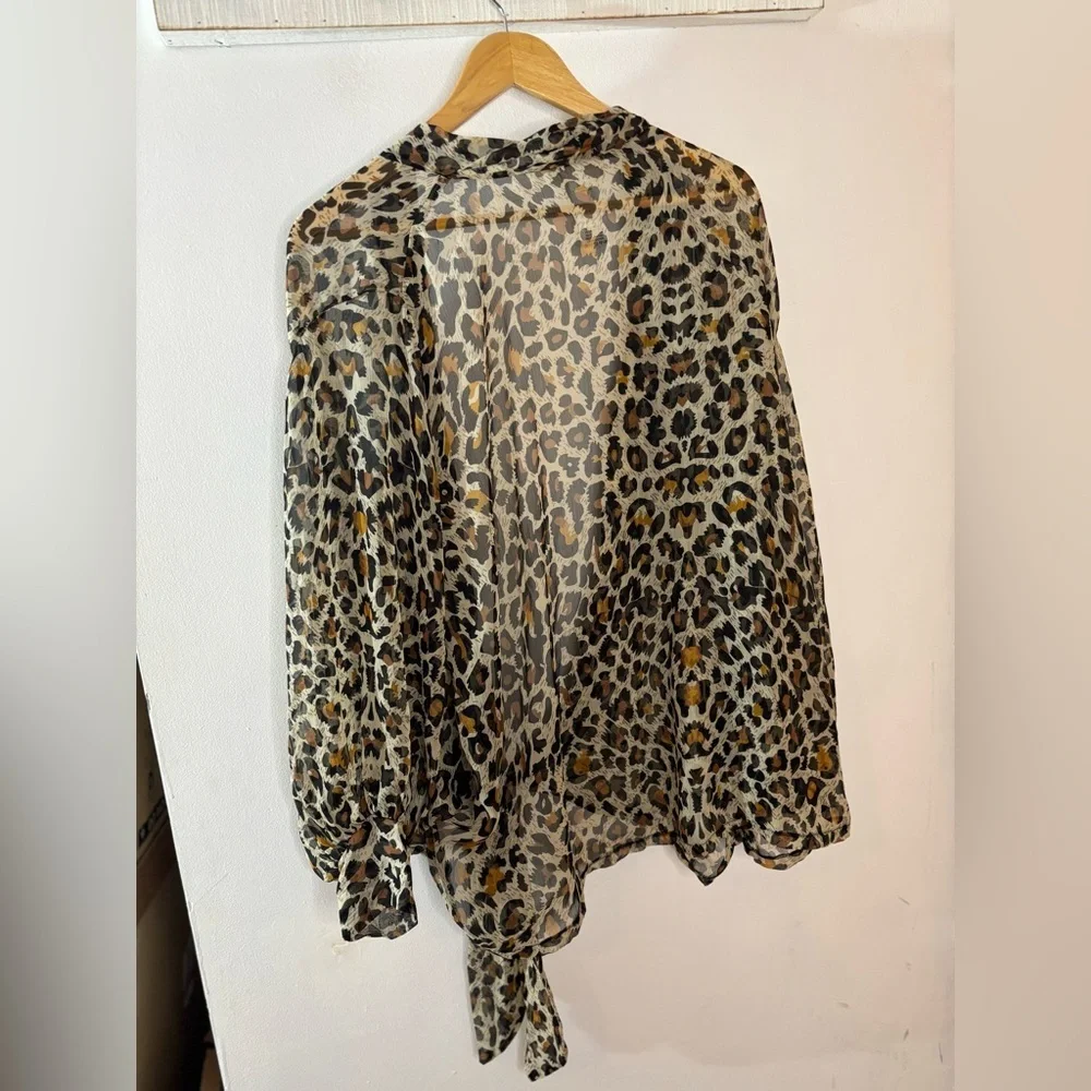 Free People Animal Print Oversized Tie Front Kimono Blouse